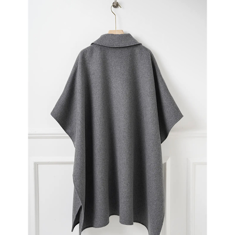 Manteau-cape en laine à col amovible – Gris chiné