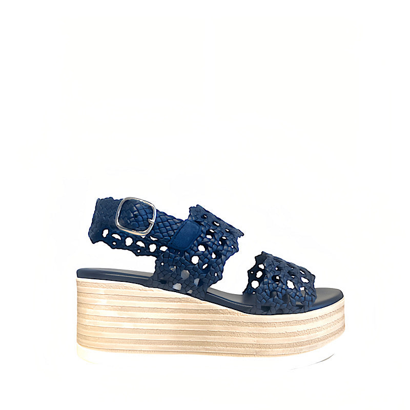 Sandales à talon compensé en cuir tressé marine