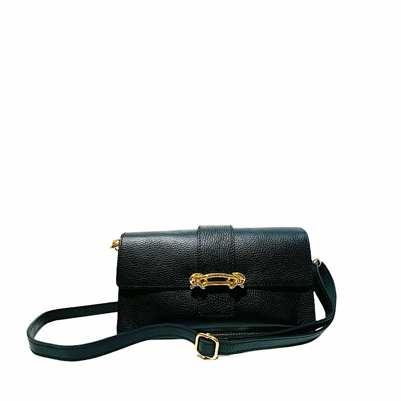 Black leather shoulder bag with ornament.