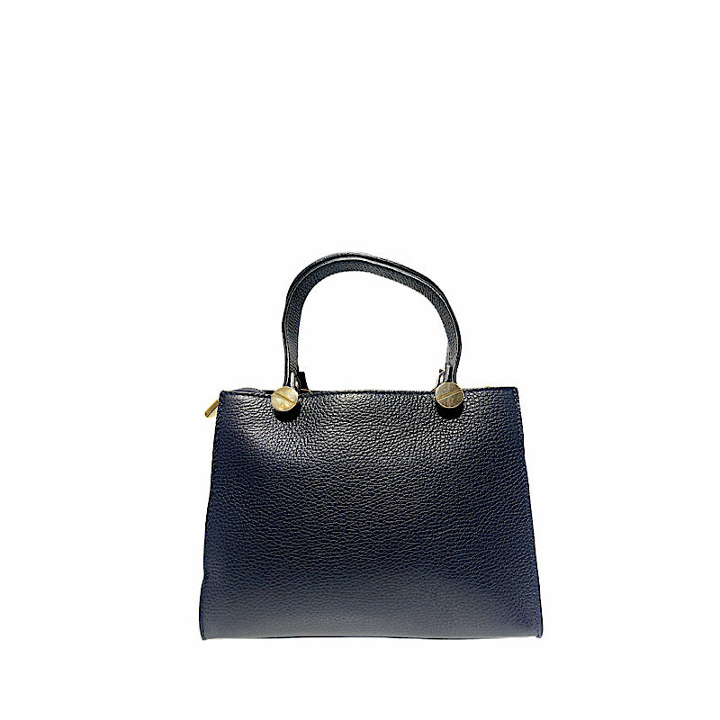 Navy leather handbag.