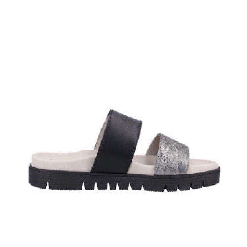 Sandales Gabor en cuir noir et argent .