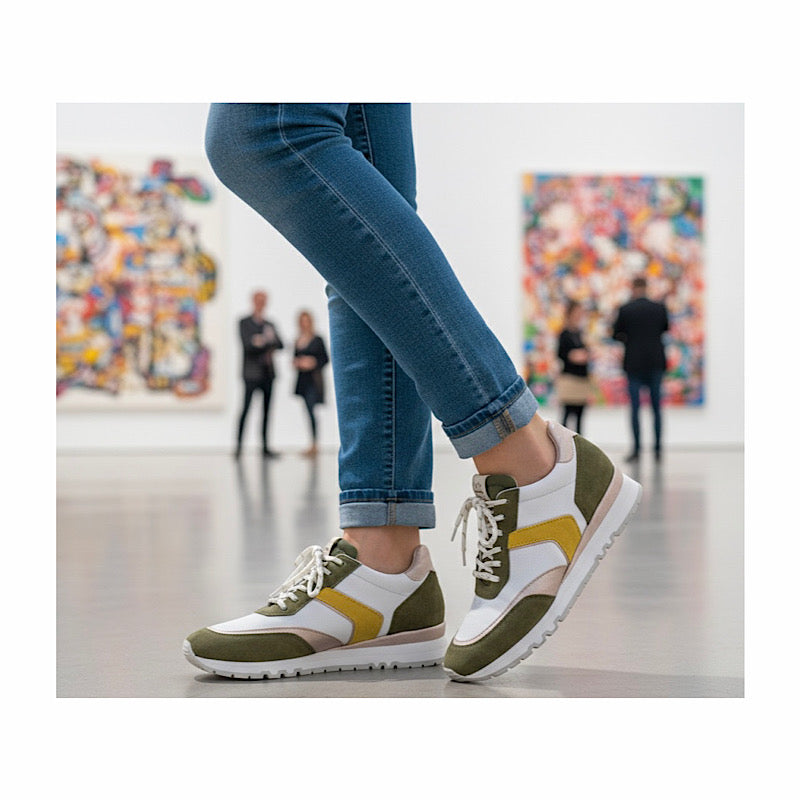 Multi-tone leather walking shoes.