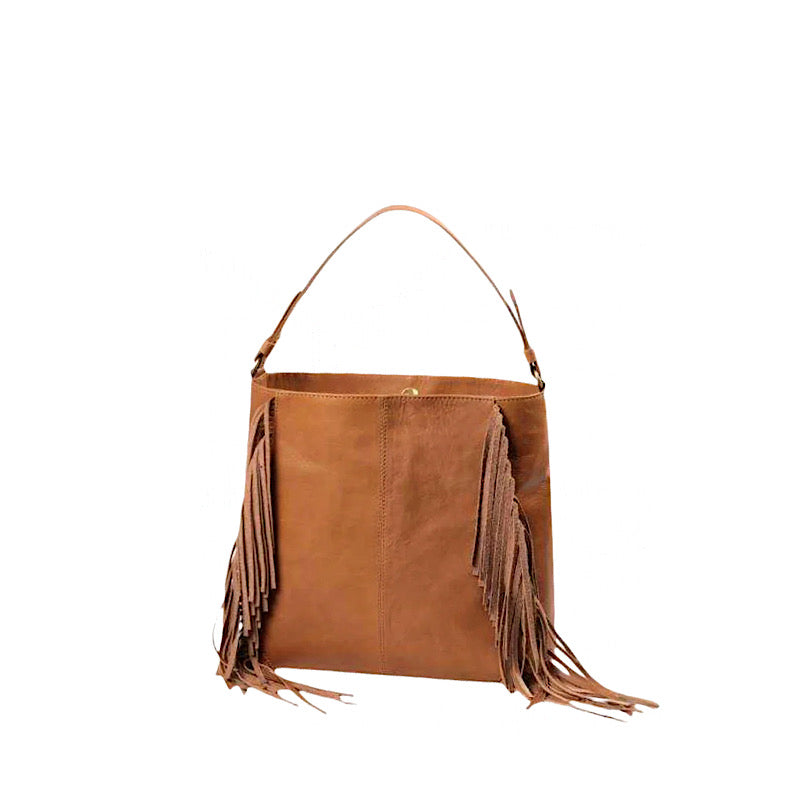 Tan nappa leather handbag with fringes