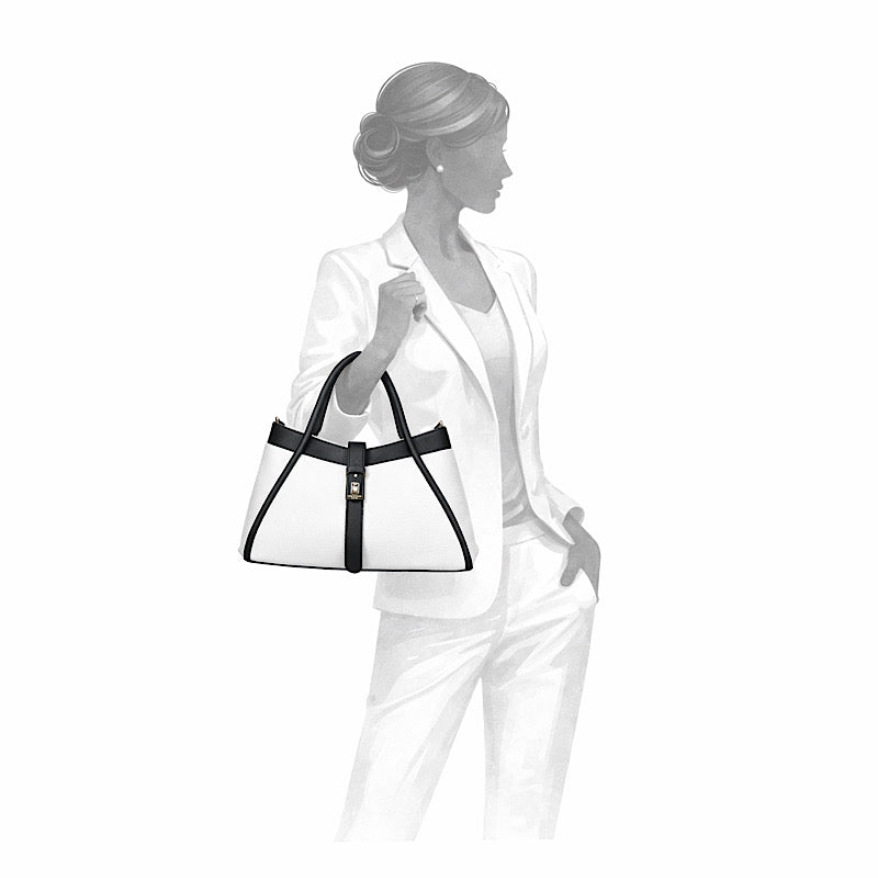 Sac à main noir et blanc en cuir souple.