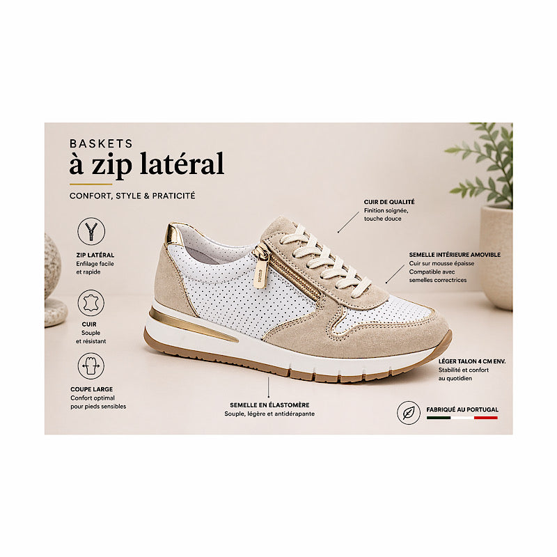 Sneaker en cuir à zip latéral – blanc et beige.