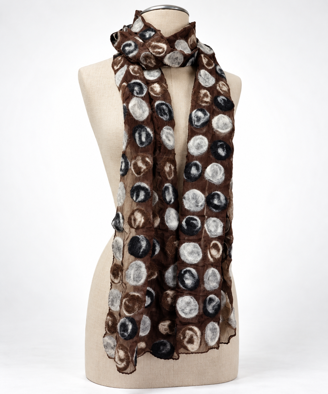 Foulard soie et laine de mérinos, blanc et marron à pois