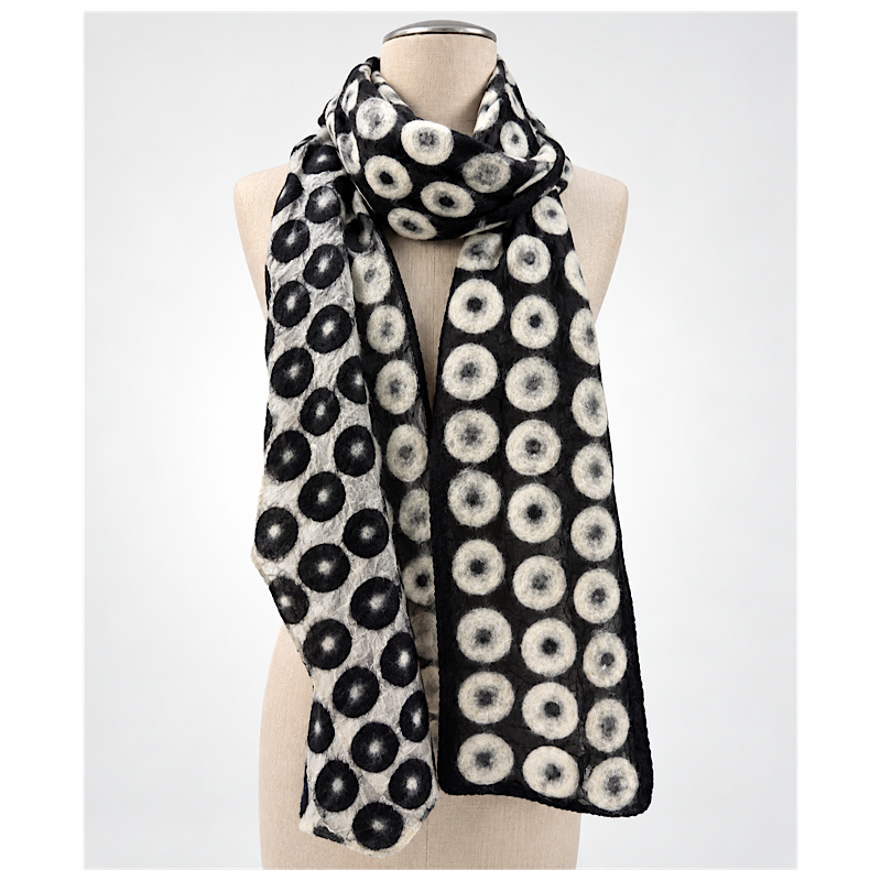 Foulard soie et laine de mérinos, blanc et noir à pois