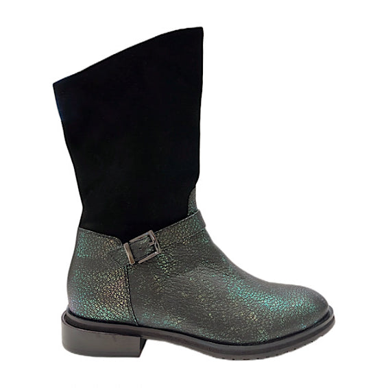 Liquidation: bottes en cuir vert irisé et suède noir