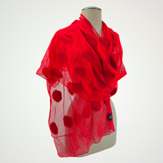 Écharpe feutrée rouge en soie/pois rouges