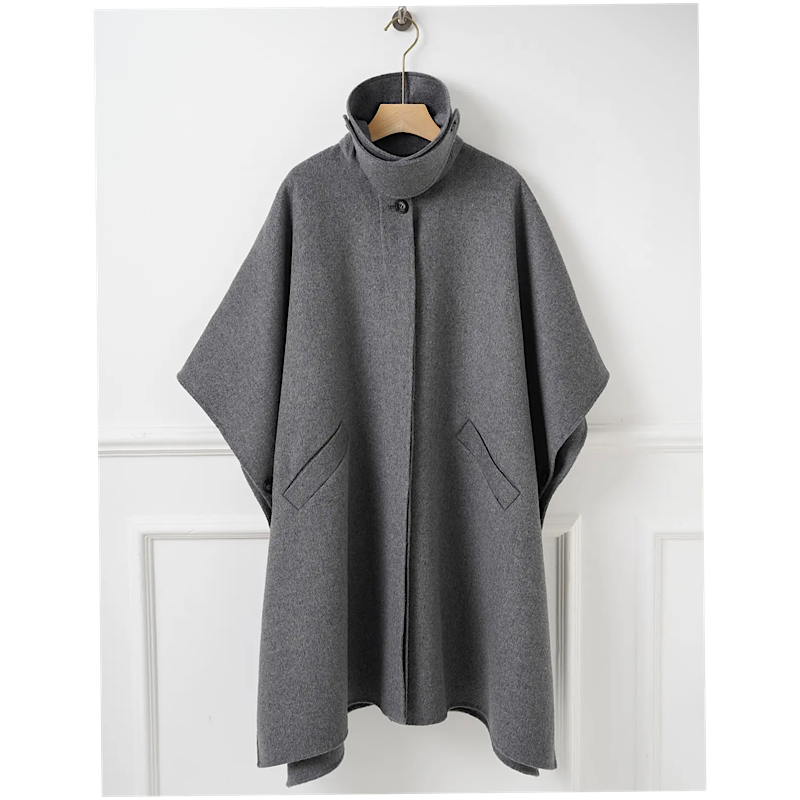 Manteau-cape en laine à col amovible – Gris chiné