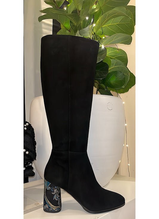 Sold! Black suede boots/patterned heel.