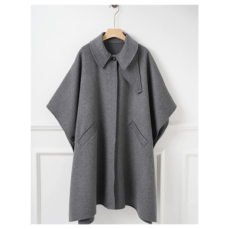 Manteau-cape en laine à col amovible – Gris chiné