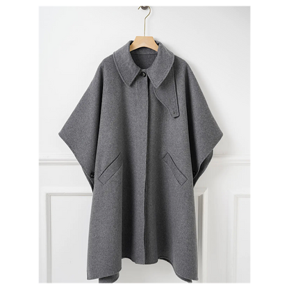 Manteau-cape en laine à col amovible – Gris chiné