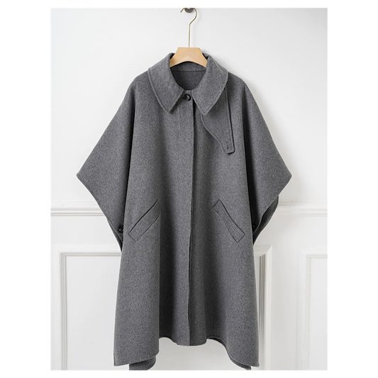 Manteau-cape en laine à col amovible – Gris chiné