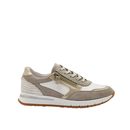 Walking sneakers in white leather and taupe suede.