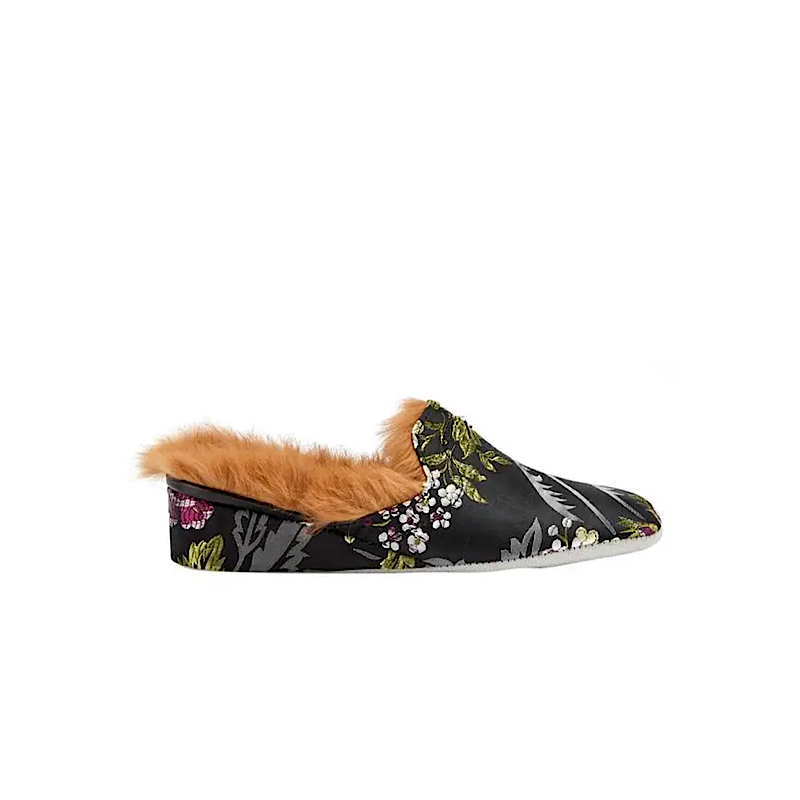 Pantoufles Lucille en cuir et fourrure – Floral noir