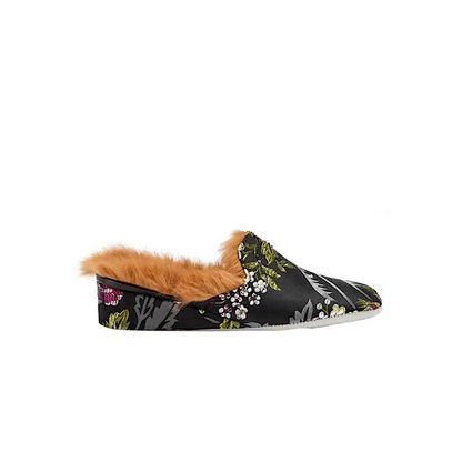 Pantoufles Lucille en cuir et fourrure – Floral noir