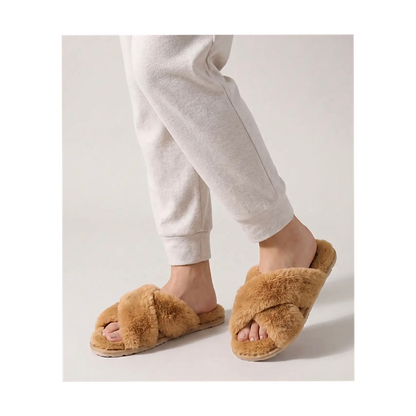 Pantoufles croisées en peau d’agneau véritable - caramel