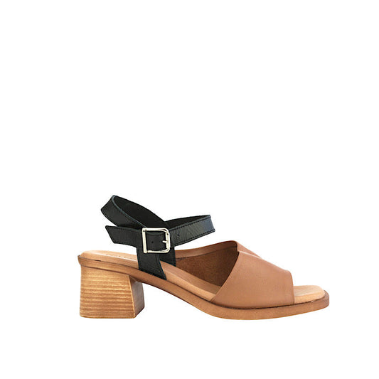 Black and tan leather sandals.