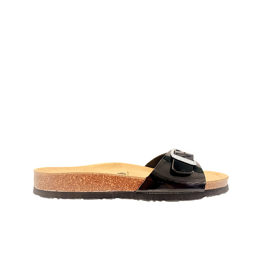 Black patent leather sandals.