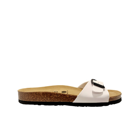 White patent leather sandals.