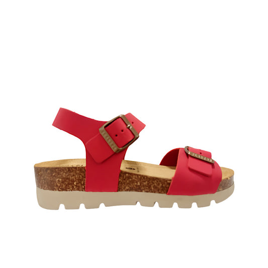 Red suede walking sandals.