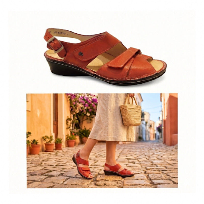 Finn Comfort Guam sandals in red leather.