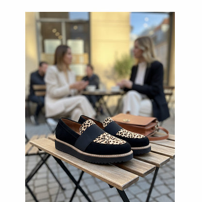 Xanthus Foot Love black suede and leopard print.