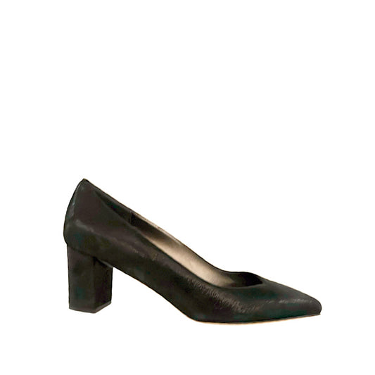 Iridescent black leather shoes.