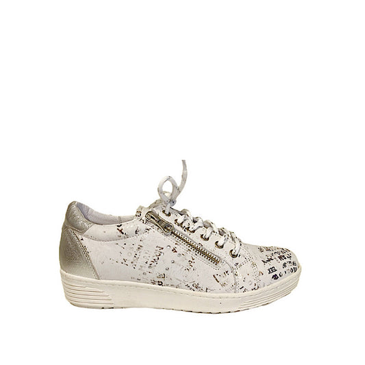 White leather walking shoes with silver patterns.