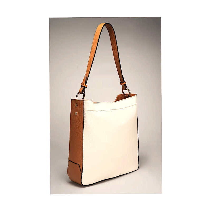 Handbag in beige and cognac leather. Made in Europe.