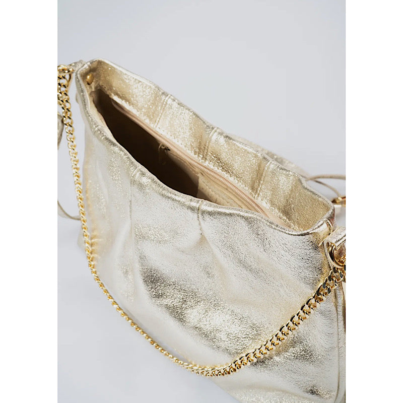 Leather handbag, with chain, gold color. Made in Italy.