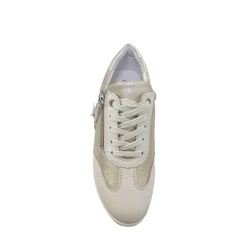 Ivory and gold leather walking shoes.