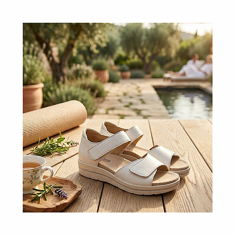 White leather comfort sandals with Velcro straps.