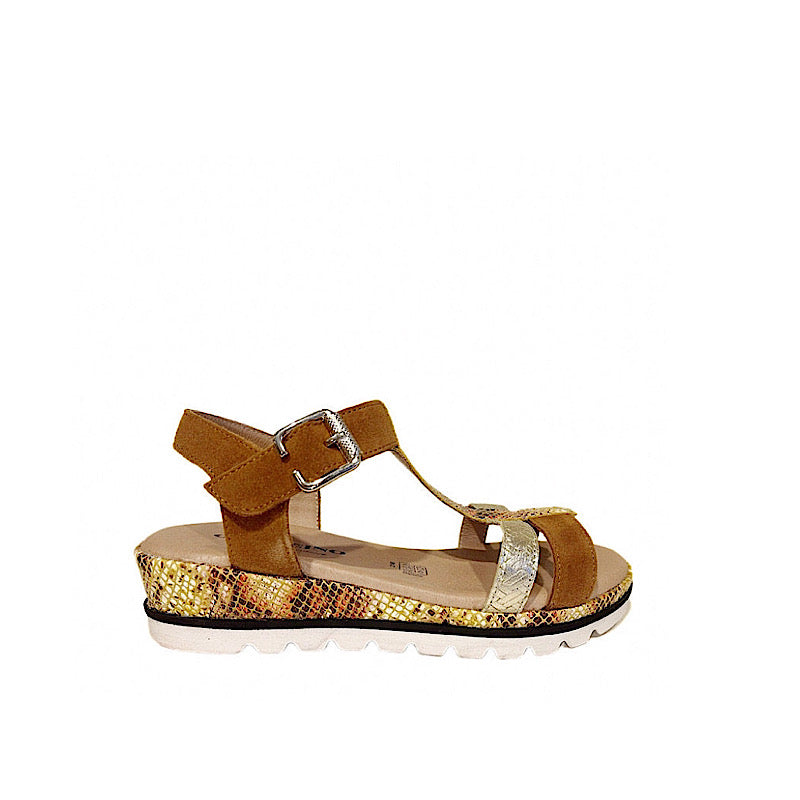 Cognac and silver suede walking sandals.