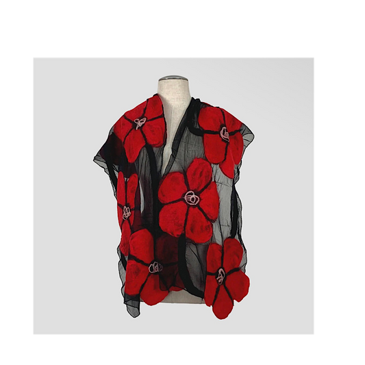 Foulard soie et laine de mérinos, couleur rouge et noir.