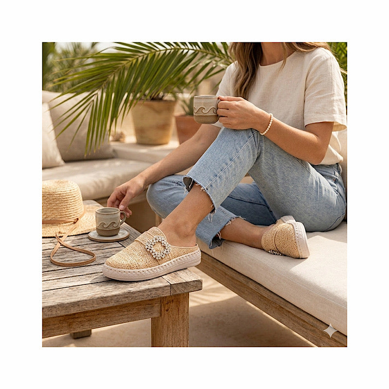 Mules en lin beige.