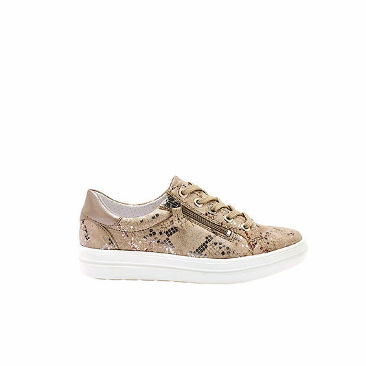 Sneaker lacet et zip en daim beige imprimé.
