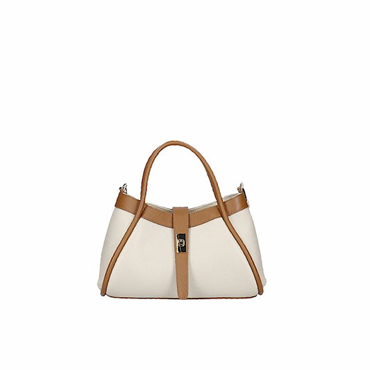 Sac à main cognac et ivoire en cuir souple.