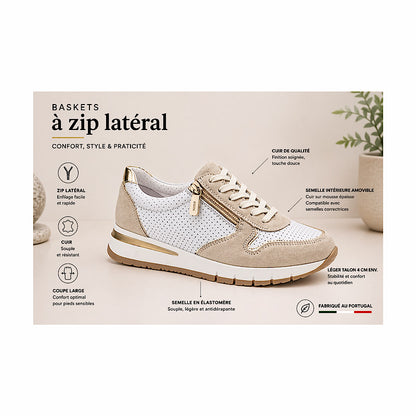 Sneaker en cuir à zip latéral – blanc et beige.
