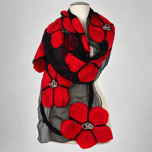Foulard soie et laine de mérinos, couleur rouge et noir