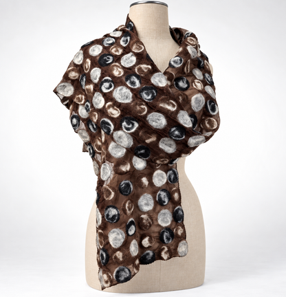 Foulard soie et laine de mérinos, blanc et marron à pois