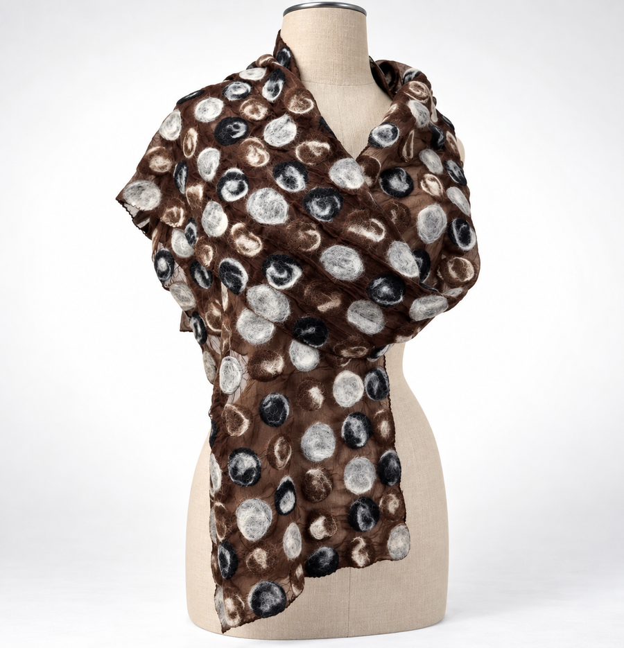 Foulard soie et laine de mérinos, blanc et marron à pois