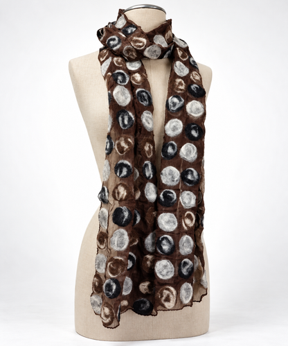 Foulard soie et laine de mérinos, blanc et marron à pois