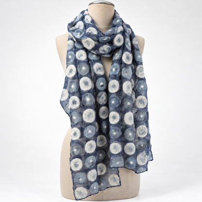 Foulard soie et laine de mérinos, blanc et gris/bleu à pois
