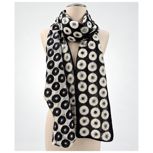 Foulard soie et laine de mérinos, blanc et noir à pois