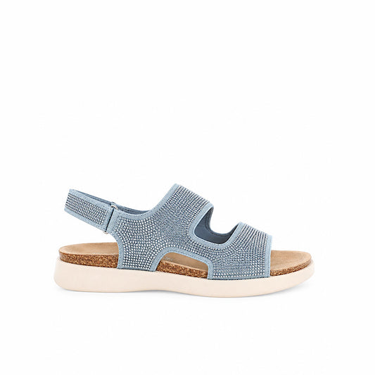 Sandales strass denim bleu pâle.