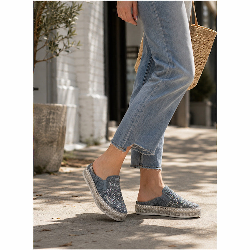 Mules denim scintillantes à enfiler