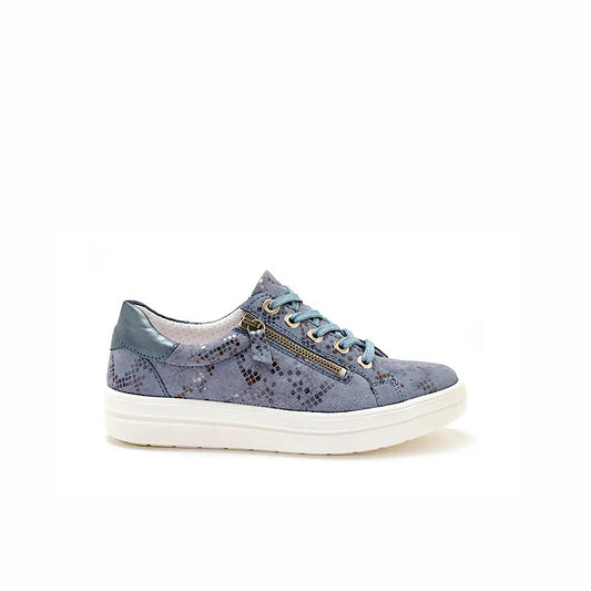 Sneaker lacet et zip en daim bleu imprimé.