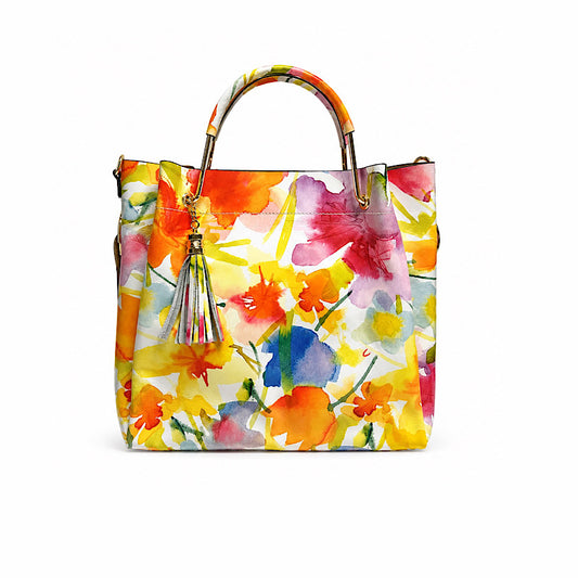 Sac jaune floral multicolore en cuir véritable.